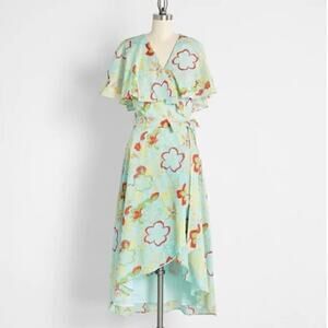 ModCloth 100% Cotton Lift Your Wings Wrap Midi Dress Large Blue Green Floral